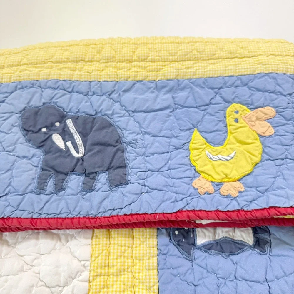 Pottery Barn‎ Kids Baby Crib Quilt Jungle Animal Zoo Blue Yellow Gingham